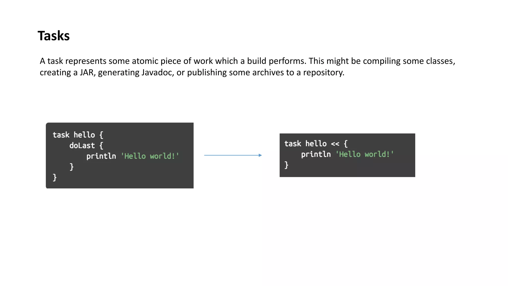 Tasks
A task represents some atomic piece of work which a build performs. This might be compiling some classes,
creating a JAR, generating Javadoc, or publishing some archives to a repository.
 
