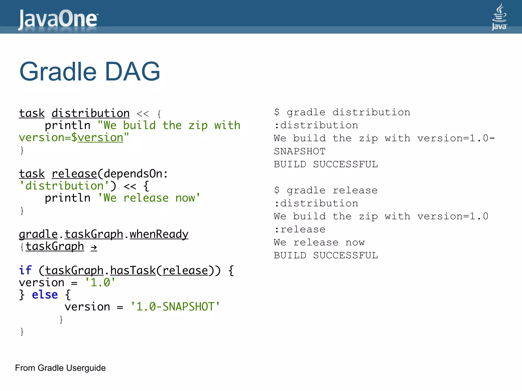 Gradle DAG
task distribution << {               $ gradle distribution
    println "We build the zip with   :distribution
version=$version"                    We build the zip with version=1.0-
}                                    SNAPSHOT
                                     BUILD SUCCESSFUL
task release(dependsOn:
'distribution') << {                 $ gradle release
    println 'We release now'         :distribution
}
                                     We build the zip with version=1.0
                                     :release
gradle.taskGraph.whenReady
{taskGraph →                         We release now
                                     BUILD SUCCESSFUL
if (taskGraph.hasTask(release)) {
version = '1.0'
} else {
        version = '1.0-SNAPSHOT'
      }
}


From Gradle Userguide
 