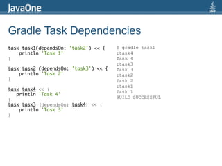Gradle Task Dependencies
task task1(dependsOn: 'task2') << {    $ gradle task1
    println 'Task 1'                   :task4
}                                      Task 4
                                       :task3
task task2 (dependsOn: 'task3') << {   Task 3
    println 'Task 2'                   :task2
}                                      Task 2
                                       :task1
task task4 << {
                                       Task 1
   println 'Task 4'
                                       BUILD SUCCESSFUL
}
task task3 (dependsOn: task4) << {
    println 'Task 3'
}
 