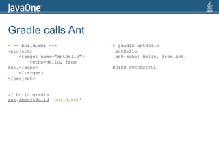 Gradle calls Ant
<!-- build.xml -->             $ gradle antHello
<project>                      :antHello
    <target name="antHello">   [ant:echo] Hello, from Ant.
        <echo>Hello, from
Ant.</echo>                    BUILD SUCCESSFUL
    </target>
</project>


// build.gradle
ant.importBuild 'build.xml'
 