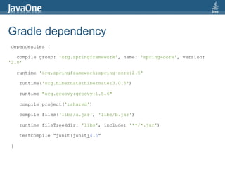 Gradle dependency
dependencies {

   compile group: 'org.springframework', name: 'spring-core', version:
'2.0'

    runtime 'org.springframework:spring-core:2.5'

    runtime('org.hibernate:hibernate:3.0.5')

    runtime "org.groovy:groovy:1.5.6"

    compile project(':shared')

    compile files('libs/a.jar', 'libs/b.jar')

    runtime fileTree(dir: 'libs', include: '**/*.jar')

    testCompile “junit:junit:4.5”

}
 