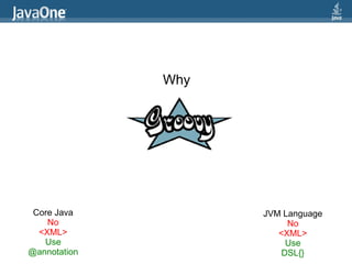 Why




 Core Java          JVM Language
    No                   No
  <XML>                <XML>
   Use                   Use
@annotation             DSL{}
 