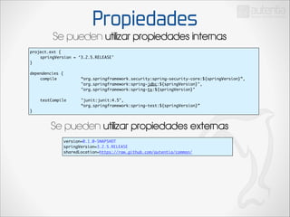 Propiedades

Se pueden utilizar propiedades internas
project.ext {	
	
springVersion = ‘3.2.5.RELEASE’	
}	

!

dependencies {	
	
compile	 	
	
	
	
	
	
	
	
	
	
	
	
	
	
	
	
	
	
testCompile 		
	
	
	
	
	
}

“org.springframework.security:spring-security-core:${springVersion}”,	
"org.springframework:spring-jdbc:${springVersion}",	
"org.springframework:spring-tx:${springVersion}"	
	
"junit:junit:4.5",	
“org.springframework:spring-test:${springVersion}”	

Se pueden utilizar propiedades externas
version=0.1.0-SNAPSHOT	
springVersion=3.2.5.RELEASE	
sharedLocation=https://raw.github.com/autentia/common/

 