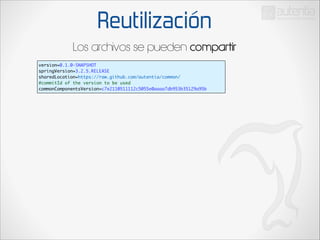 Reutilización
Los archivos se pueden compartir
version=0.1.0-SNAPSHOT	
springVersion=3.2.5.RELEASE	
sharedLocation=https://raw.github.com/autentia/common/	
#commitId of the version to be used	
commonComponentsVersion=c7e2110511112c5055e0aaaa7db953b35129a95b

 