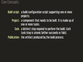Core Concepts
Build script: a build configuration script supporting one or more
projects.
Project: a component that needs to be built. It is made up of
one or more tasks.
Task: a distinct step required to perform the build. Each
task/step is atomic (either succeeds or fails).
Publication: the artifact produced by the build process.
 