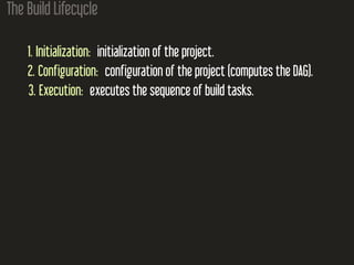 The Build Lifecycle
1. Initialization: initialization of the project.
2. Configuration: configuration of the project (computes the DAG).
3. Execution: executes the sequence of build tasks.
 