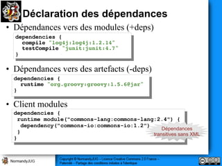 Déclaration des dépendances
• Dépendances vers des modules (+deps)
  dependencies {{
   dependencies
     compile "log4j:log4j:1.2.14"
      compile "log4j:log4j:1.2.14"
     testCompile "junit:junit:4.7"
      testCompile "junit:junit:4.7"
  }}

• Dépendances vers des artefacts (-deps)
  dependencies {{
   dependencies
     runtime "org.groovy:groovy:1.5.6@jar"
      runtime "org.groovy:groovy:1.5.6@jar"
  }}

• Client modules
  dependencies {{
   dependencies
   runtime module("commons-lang:commons-lang:2.4") {{
     runtime module("commons-lang:commons-lang:2.4")
     dependency("commons-io:commons-io:1.2")
      dependency("commons-io:commons-io:1.2")     Dépendances
   }}                                         transitives sans XML
  }}
 