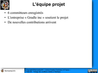L'équipe projet
• 6 committeurs enregistrés
• L'entreprise « Gradle inc » soutient le projet
• De nouvelles contributions arrivent
 