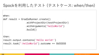 Copyright © DeNA Co.,Ltd. All Rights Reserved.
when:
def result = GradleRunner.create()
.withProjectDir(testProjectDir)
.withArguments(“helloWorld”)
.build()
then:
result.output.contains(‘Hello world!’)
result.task(“:helloWorld”).outcome == SUCCESS
) / ( (
 