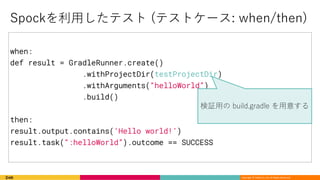Copyright © DeNA Co.,Ltd. All Rights Reserved.
when:
def result = GradleRunner.create()
.withProjectDir(testProjectDir)
.withArguments(“helloWorld”)
.build()
then:
result.output.contains(‘Hello world!’)
result.task(“:helloWorld”).outcome == SUCCESS
) / ( (
.
 