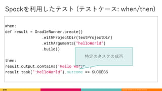 Copyright © DeNA Co.,Ltd. All Rights Reserved.
when:
def result = GradleRunner.create()
.withProjectDir(testProjectDir)
.withArguments(“helloWorld”)
.build()
then:
result.output.contains(‘Hello world!’)
result.task(“:helloWorld”).outcome == SUCCESS
) / ( (
 