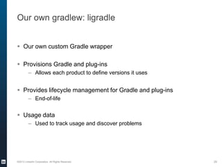 Our own gradlew: ligradle
 Our own custom Gradle wrapper
 Provisions Gradle and plug-ins
– Allows each product to define versions it uses
 Provides lifecycle management for Gradle and plug-ins
– End-of-life
 Usage data
– Used to track usage and discover problems
©2013 LinkedIn Corporation. All Rights Reserved. 29
 
