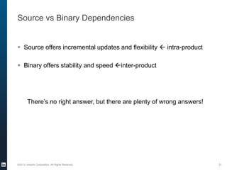 Source vs Binary Dependencies
 Source offers incremental updates and flexibility  intra-product
 Binary offers stability and speed inter-product
There’s no right answer, but there are plenty of wrong answers!
©2013 LinkedIn Corporation. All Rights Reserved. 31
 