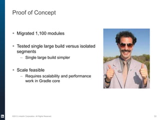 Proof of Concept
 Migrated 1,100 modules
 Tested single large build versus isolated
segments
– Single large build simpler
 Scale feasible
– Requires scalability and performance
work in Gradle core
©2013 LinkedIn Corporation. All Rights Reserved. 33
 