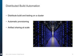 Distributed Build Automation
 Distribute build and testing on a cluster
 Automatic provisioning
 Artifact sharing at scale
©2013 LinkedIn Corporation. All Rights Reserved. 41
 