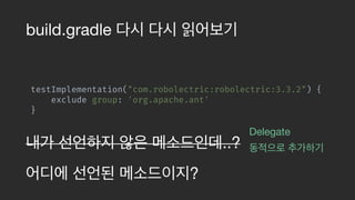 build.gradle
testImplementation("com.robolectric:robolectric:3.3.2") {
exclude group: 'org.apache.ant'
}
?
..?
Delegate

 