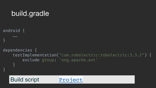 android { 
…… 
}
 
dependencies { 
testImplementation("com.robolectric:robolectric:3.3.2") {
exclude group: 'org.apache.ant'
}
}
build.gradle
Build script Project
 