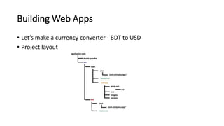 Building Web Apps
• Let’s make a currency converter - BDT to USD
• Project layout
 