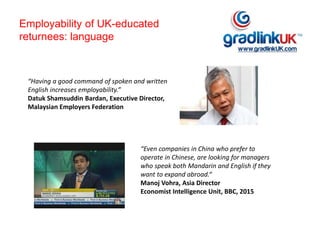 Employability of UK-educated
returnees: language
“Having a good command of spoken and written
English increases employability.”
Datuk Shamsuddin Bardan, Executive Director,
Malaysian Employers Federation
“Even companies in China who prefer to
operate in Chinese, are looking for managers
who speak both Mandarin and English if they
want to expand abroad.“
Manoj Vohra, Asia Director
Economist Intelligence Unit, BBC, 2015
 