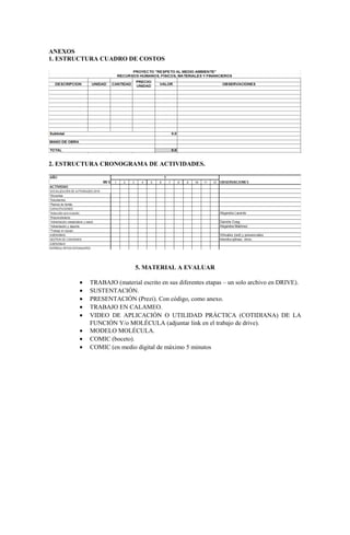ANEXOS
1. ESTRUCTURA CUADRO DE COSTOS
2. ESTRUCTURA CRONOGRAMA DE ACTIVIDADES.
5. MATERIAL A EVALUAR
• TRABAJO (material escrito en sus diferentes etapas – un solo archivo en DRIVE).
• SUSTENTACIÓN.
• PRESENTACIÓN (Prezi). Con código, como anexo.
• TRABAJO EN CALAMEO.
• VIDEO DE APLICACIÓN O UTILIDAD PRÁCTICA (COTIDIANA) DE LA
FUNCIÓN Y/o MOLÉCULA (adjuntar link en el trabajo de drive).
• MODELO MOLÉCULA.
• COMIC (boceto).
• COMIC (en medio digital de máximo 5 minutos
 