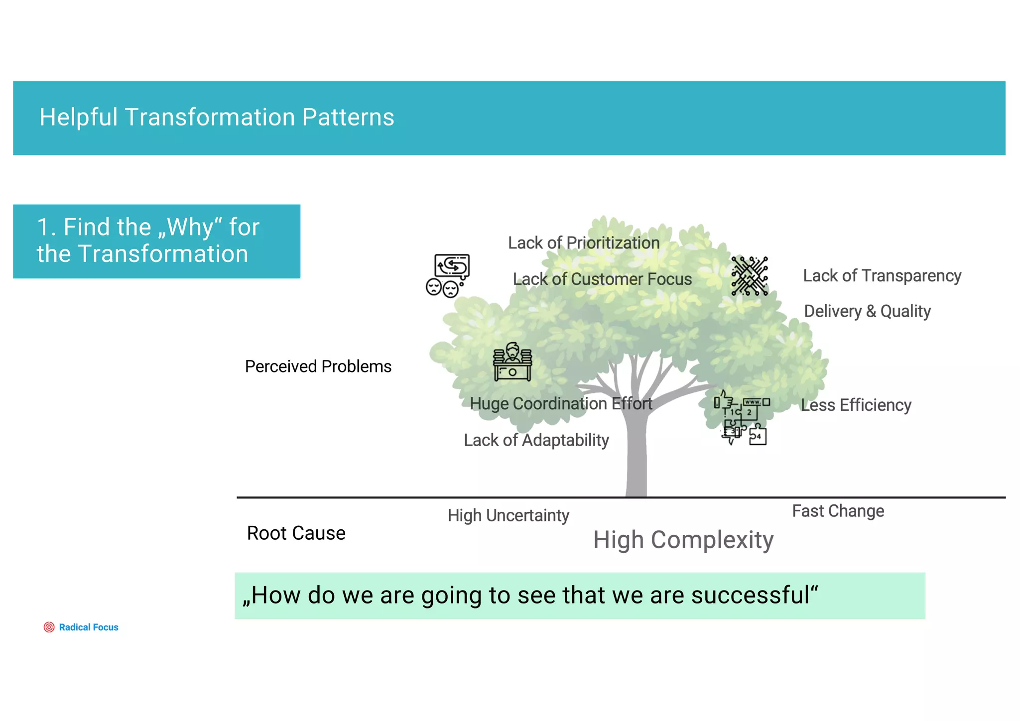 Helpful Transformation Patterns
1. Find the „Why“ for
the Transformation
„How do we are going to see that we are successful“
Perceived Problems
Root Cause
 