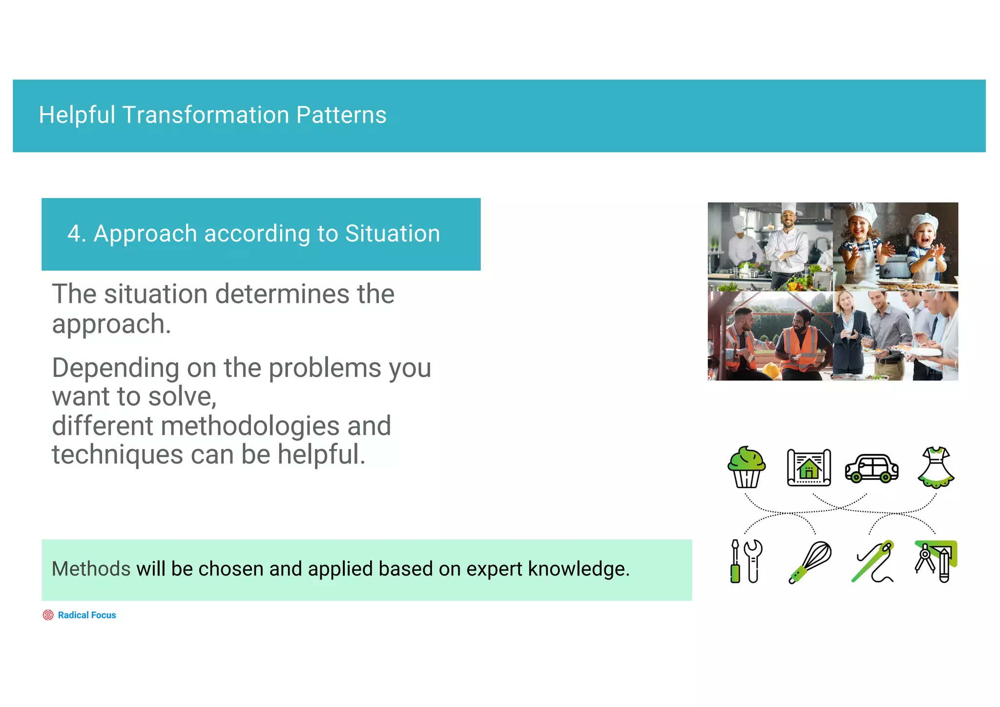 Helpful Transformation Patterns
4. Approach according to Situation
The situation determines the
approach.
Depending on the problems you
want to solve,
different methodologies and
techniques can be helpful.
Methods will be chosen and applied based on expert knowledge.
 