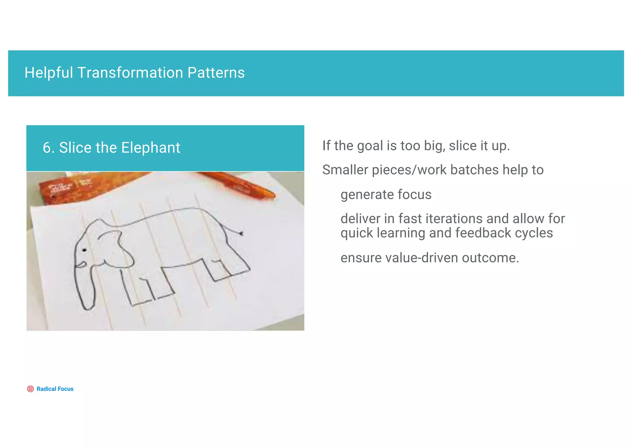 Helpful Transformation Patterns
If the goal is too big, slice it up.
Smaller pieces/work batches help to
generate focus
deliver in fast iterations and allow for
quick learning and feedback cycles
ensure value-driven outcome.
6. Slice the Elephant
 