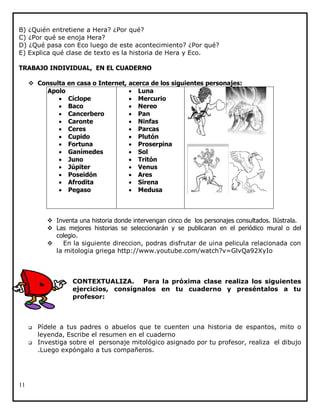 B) ¿Quién entretiene a Hera? ¿Por qué?
C) ¿Por qué se enoja Hera?
D) ¿Qué pasa con Eco luego de este acontecimiento? ¿Por qué?
E) Explica qué clase de texto es la historia de Hera y Eco.
TRABAJO INDIVIDUAL, EN EL CUADERNO
 Consulta en casa o Internet,
 Apolo
 Cíclope
 Baco
 Cancerbero
 Caronte
 Ceres
 Cupido
 Fortuna
 Ganímedes
 Juno
 Júpiter
 Poseidón
 Afrodita
 Pegaso

acerca de los siguientes personajes:
 Luna
 Mercurio
 Nereo
 Pan
 Ninfas
 Parcas
 Plutón
 Proserpina
 Sol
 Tritón
 Venus
 Ares
 Sirena
 Medusa

 Inventa una historia donde intervengan cinco de los personajes consultados. Ilústrala.
 Las mejores historias se seleccionarán y se publicaran en el periódico mural o del
colegio.

En la siguiente direccion, podras disfrutar de uina pelicula relacionada con
la mitologia griega http://www.youtube.com/watch?v=GlvQa92XyIo‎

CONTEXTUALIZA. Para la próxima clase realiza los siguientes
ejercicios, consígnalos en tu cuaderno y preséntalos a tu
profesor:





11

Pídele a tus padres o abuelos que te cuenten una historia de espantos, mito o
leyenda, Escribe el resumen en el cuaderno
Investiga sobre el personaje mitológico asignado por tu profesor, realiza el dibujo
.Luego expóngalo a tus compañeros.

 