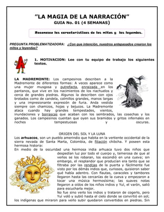”LA MAGIA DE LA NARRACIÓN”
GUIA No. 01 (4 SEMANAS)
Reconozco las características de los mitos y las leyendas.

PREGUNTA PROBLEMATIZADORA: ¿Con que intención, nuestros antepasados crearon los
mitos y leyendas?
1. MOTIVACION: Lee con tu equipo de trabajo los siguientes
textos.

LA MADREMONTE: Los campesinos describen a la
Madremonte de diferentes formas: A veces aparece como
una mujer musgosa y putrefacta, enraizada en los
pantanos, que vive en los nacimientos de los riachuelos y
cerca de grandes piedras. Algunos la describen con ojos
brotados como de candela, colmillos grandes, manos largas
y una impresionante expresión de furia. Anda vestida
siempre con chamizos, hojas y bejucos. La Madremonte
ataca
cuando
hay
grandes
tempestades,
vientos,
inundaciones y borrascas que acaban con los sembrados, las cosechas y los
ganados. Los campesinos cuentan que oyen sus bramidos y gritos infernales en
noches
tempestuosas
y
oscuras.
ORIGEN DEL SOL Y LA LUNA
Los arhuacos, son un pueblo amerindio que habita en la vertiente occidental de la
sierra nevada de Santa Marta, Colombia, de filiación chibcha. Y poseen esta
hermosa historia:
En medio de la oscuridad una hermosa india arhuaca tuvo dos niños que
despedían luz por todo el cuerpo y, temerosa de que al
verlos se los robaran, los escondió en una cueva; sin
embargo, el resplandor que producían era tanto que se
filtraba por las rendijas de la puerta y fácilmente fue
visto por los démás indios que, curiosos, quisieron saber
qué había adentro. Con flautas, caracoles y tambores
llegaron hasta las cercanías de la cueva y empezaron a
tocar una música hermosísima; las suaves notas
llegaron a oídos de los niños indios y Yuí, el varón, salió
para escucharla mejor.
No fue sino verlo los indios y trataron de cogerlo, pero
Yuí voló y subió hasta el cielo donde se convirtió en sol;
los indígenas que miraron para verlo subir quedaron convertidos en piedras. Sin

 