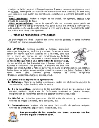 el origen de la tierra en un océano primigenio. A veces, una raza de gigantes, como
los titanes, desempeña una función determinante en esta creación; en este caso,
tales gigantes, que suelen ser semidioses, constituyen la primera población de la
tierra.
 Mitos teogónicos: relatan el origen de los dioses. Por ejemplo, Atenea surge
armada de la cabeza de Zeus.
 Mitos antropogénicos: narran la aparición del ser humano, quien puede ser
creado a partir de cualquier materia, viva (una planta, un animal) o inerte (polvo,
lodo, arcilla, etc.). Los dioses le enseñan a vivir sobre la tierra. Normalmente están
vinculados a los mitos cosmogónicos.


TIPOS DE PERSONAJES MITOLOGICOS

Los personajes del mito pueden ser seres divinos (dioses) o seres humanos
(héroes) con grandes capacidades.
LAS LEYENDAS: mezclan realidad y fantasía; presentan
personajes imaginarios, espíritus y hombres. Estas narraciones
parten de hechos que han sucedido en la realidad, pero que
con el correr del tiempo se van convirtiendo en fantasía
popular, que no deja de pertenecer a la tradición oral.Parte de
la necesidad que tiene una comunidad de explicar algo.
Los personajes de las leyendas son o fueron reales y sus
acciones o conductas son posibles. La mayoría de ellos son
héroes valientes, fuertes y hábiles, cuya vida se narra engrandeciendo sus hazañas.
Suelen tener su origen en personajes históricos, como el rey Arturo,Guillermo Tell o
Robin
Hood,
pero
también
puede
tratarse
de
seres
imaginarios
(dragones, unicornios, duendes, sirenas, etc.).
Los temas de las leyendas se agrupan en:
1.- Religiosos: historias de justos y pecadores, pactos con el demonio, doctrina de
reencarnación, episodios de la vida de santos.
2.- De la naturaleza: caracteres de los animales, origen de las plantas y sus
virtudes médicas, explicación de fenómenos atmosféricos (viento, trueno),
interpretación de las formas del relieve geográfico (montañas, ríos)
3.- Históricos: episodios guerreros, identificación de ruinas y monumentos,
historias de linajes familiares, de la conquista, etc.
4.- Sobrenaturales: sueños, alucinaciones, intervención de poderes mágicos,
historias de ultratumba (aparecidos, luces malas, etc.)
Los personajes de las leyendas son seres humanos que han
sufrido alguna transformacion.
7

 