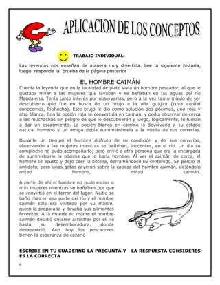 TRABAJO INDIVIDUAL:

Las leyendas nos enseñan de manera muy divertida. Lee la siguiente historia,
luego responde la prueba de la página posterior

EL HOMBRE CAIMÁN

Cuenta la leyenda que en la localidad de plato vivía un hombre pescador, al que le
gustaba mirar a las mujeres que lavaban y se bañaban en las aguas del río
Magdalena. Tenía tanto interés por observarlas, pero a la vez tanto miedo de ser
descubierto que fue en busca de un brujo a la alta guajira (cuya capital
conocemos, Riohacha). Este brujo le dio como solución dos pócimas, una roja y
otra blanca. Con la poción roja se convertiría en caimán, y podía observar de cerca
a las muchachas sin peligro de que lo descubrieran y luego, lógicamente, le fueran
a dar un escarmiento. La poción blanca en cambio lo devolvería a su estado
natural humano y un amigo debía suministrársela a la vuelta de sus correrías.
Durante un tiempo el hombre disfruto de su condición y de sus correrías,
observando a las mujeres mientras se bañaban, inocentes, en el río. Un día su
compinche no pudo acompañarlo, pero envió a otra persona que era la encargada
de suministrarle la pócima que lo haría hombre. Al ver el caimán de cerca, el
hombre se asusto y dejo caer la botella, derramándose su contenido. Se perdió el
antídoto, pero unas gotas cayeron sobre la cabeza del hombre caimán, dejándolo
mitad
hombre,
mitad
caimán.
A partir de ahí el hombre no pudo espiar a
más mujeres mientras se bañaban por que
se convirtió en el terror del lugar. Nadie se
baño mas en esa parte del río y el hombre
caimán solo era visitado por su madre,
quien le preparaba y llevaba sus alimentos
favoritos. A la muerte su madre el hombre
caimán decidió dejarse arrastrar por el río
hasta
su
desembocadura,
donde
desapareció. Aun hoy los pescadores
tienen la esperanza de cazarlo
ESCRIBE EN TU CUADERNO LA PREGUNTA Y
ES LA CORRECTA
9

LA RESPUESTA CONSIDERES

 
