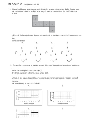 BLOQUE C                             Cuadernillo M2 9º

11. Con el molde que se presenta a continuación se va a construir un dado. A cada uno
    de los cuadrados en el molde, se le asignó uno de los números del 1 al 6 como se
    ilustra.


                                                               5


                                                               2               1   3               4


                                                                                                   6


    ¿En cuál de las siguientes figuras se muestra la ubicación correcta de los números en
    las
    caras del dado?
                                A.                                 B.                           C.                                  D.


                                5                                  3                             3                                      1
                                2                                  5                                2                                   5
        4                                          1                               1                                   3
                                      1                                        4                              4                                 6
                            3                                  6                          5                                         4

                                         6                                     2                              6                                 2


12 . En una fotocopiadora, el precio de cada fotocopia depende de la cantidad solicitada.

    De 1 a 4 fotocopias, cada una a $100.
    De 5 fotocopias en adelante, cada una a $50.

    ¿Cuál de las siguientes gráficas representa de manera correcta la relación entre el
    número
    de fotocopias y el valor por unidad?
                                              A.                                                                           B.
         Valor por unidad




                  150                                                                           150
                                                                                       Valor por unidad




                  100                                                                           100

                      50                                                                            50
         ($)




                                                                                       ($)




                            0   1    2    3    4       5   6   7        8...                              0   1   2   3    4    5       6   7   8...
                                     Número fotocopias                                                            Número fotocopias




                                              C.                                                                           D.
         Valor por unidad




                  150
         ($)
 