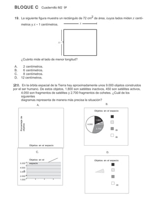 BLOQUE C                        Cuadernillo M2 9º


 19. La siguiente figura muestra un rectángulo de 72 cm2 de área, cuyos lados miden x centí-

         metros y x - 1 centímetros.                 x




                                              x-1




         ¿Cuánto mide el lado de menor longitud?

 A.       2 centímetros.
 B.       6 centímetros.
 C.       8 centímetros.
 D.      12 centímetros.

20. En la órbita espacial de la Tierra hay aproximadamente unos 9.000 objetos construidos
por el ser humano. De estos objetos, 1.800 son satélites inactivos, 450 son satélites activos,
      4.050 son fragmentos de satélites y 2.700 fragmentos de cohetes. ¿Cuál de los
      siguientes
      diagramas representa de manera más precisa la situación?
                            A.                                            B.

                                                                 Objetos en el espacio
      Porcentaje de




                                                                 1.800

                                                         4.050
      objetos




                                                                  2.700




                      Objetos en el espacio


                           C.                                              D.


                      Objetos en el                              Objetos en el espacio
      5.000           espacio

      4.000
      3.000

      2.000
      1.000
 