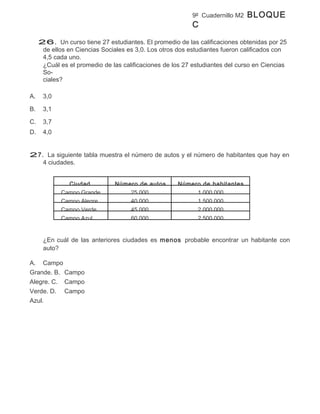 9º Cuadernillo M2   BLOQUE
                                                          C

     26. Un curso tiene 27 estudiantes. El promedio de las calificaciones obtenidas por 25
      de ellos en Ciencias Sociales es 3,0. Los otros dos estudiantes fueron calificados con
      4,5 cada uno.
      ¿Cuál es el promedio de las calificaciones de los 27 estudiantes del curso en Ciencias
      So-
      ciales?

A.    3,0

B.    3,1

C.    3,7
D.    4,0


27. La siguiente tabla muestra el número de autos y el número de habitantes que hay en
   4 ciudades.


              Ciudad           Número de autos       Número de habitantes
            Campo Grande           25.000                 1.000.000
            Campo Alegre           40.000                 1.500.000
            Campo Verde            45.000                 2.000.000
            Campo Azul             60.000                 2.500.000


      ¿En cuál de las anteriores ciudades es menos probable encontrar un habitante con
      auto?

A. Campo
Grande. B. Campo
Alegre. C. Campo
Verde. D. Campo
Azul.
 