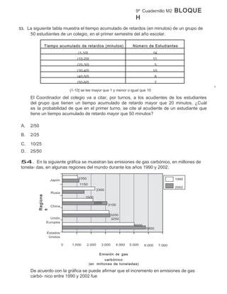 9º Cuadernillo M2         BLOQUE
                                                                        H
53. La siguiente tabla muestra el tiempo acumulado de retardos (en minutos) de un grupo de
      50 estudiantes de un colegio, en el primer semestre del año escolar.

              Tiempo acumulado de retardos (minutos)                  Número de Estudiantes
                                   (1-10]                                         14
                                   (10-20]                                        11
                                   (20-30]                                            5
                                   (30-40]                                        10
                                   (40-50]                                            8
                                   (50-60]                                            2

                               (1-10] se lee mayor que 1 y menor o igual que 10

      El Coordinador del colegio va a citar, por turnos, a los acudientes de los estudiantes
      del grupo que tienen un tiempo acumulado de retardo mayor que 20 minutos. ¿Cuál
      es la probabilidad de que en el primer turno, se cite al acudiente de un estudiante que
      tiene un tiempo acumulado de retardo mayor que 50 minutos?

 A.   2/50

 B.   2/25

 C.   10/25
 D.   25/50

 54. En la siguiente gráfica se muestran las emisiones de gas carbónico, en millones de
 tonela- das, en algunas regiones del mundo durante los años 1990 y 2002.

                                    1050                                                          1990
                   Japón
                                    1150
                                                                                                  2002
                                                   2300
                   Rusia
         Regione




                                        1500
                                               2200
                   China                                  3100
         s




                                                           3200
                Unión                                      3250
              Europea
                                                                       5000
                                                                               5800
               Estados
                Unidos

                           0    1.000      2.000     3.000   4.000   5.000    6.000       7.000

                                                    Emisión de gas
                                                     carbónico
                                            (en millones de toneladas)

      De acuerdo con la gráfica se puede afirmar que el incremento en emisiones de gas
      carbó- nico entre 1990 y 2002 fue
 