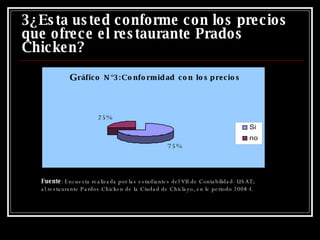 3¿Esta usted conforme con los precios que ofrece el restaurante Prados Chicken? Fuente : Encuesta realizada por las estudiantes del VII de Contabilidad- USAT; al restaurante Pardos Chicken de la Ciudad de Chiclayo, en le periodo 2008-I. 