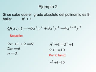 Ejemplo 2 
Si se sabe que el grado absoluto del polinomio es 9 
halla: n2 + 1 
Q(x; y) =-5x4 y2 +3x3 y4 -4x2n+1y2 
n + 1 = 
3 + 
+ = 
Por lo tanto: 
Solución: 
2 1 2 9 
2 6 
3 
nn 
n 
+ + = 
= 
= 
2 2 1 
9 1 10 
n2 +1=10 
 