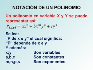 NOTACIÓN DE UN POLINOMIO 
Un polinomio en variable X y Y se puede 
representar así: 
Se lee: 
“P de x e y” el cual significa: 
“P” depende de x e y 
Y además: 
x;y Son variables 
a,b,c Son constantes 
m,n,p,s Son exponentes 
 