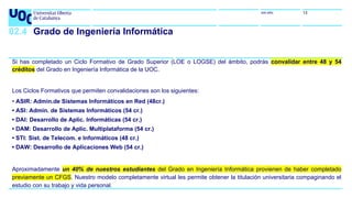 uoc.edu 13
02.4 Grado de Ingeniería Informática
Si has completado un Ciclo Formativo de Grado Superior (LOE o LOGSE) del ámbito, podrás convalidar entre 48 y 54
créditos del Grado en Ingeniería Informática de la UOC.
Los Ciclos Formativos que permiten convalidaciones son los siguientes:
• ASIR: Admin.de Sistemas Informáticos en Red (48cr.)
• ASI: Admin. de Sistemas Informáticos (54 cr.)
• DAI: Desarrollo de Aplic. Informáticas (54 cr.)
• DAM: Desarrollo de Aplic. Multiplataforma (54 cr.)
• STI: Sist. de Telecom. e Informáticos (48 cr.)
• DAW: Desarrollo de Aplicaciones Web (54 cr.)
Aproximadamente un 40% de nuestros estudiantes del Grado en Ingeniería Informática provienen de haber completado
previamente un CFGS. Nuestro modelo completamente virtual les permite obtener la titulación universitaria compaginando el
estudio con su trabajo y vida personal.
 