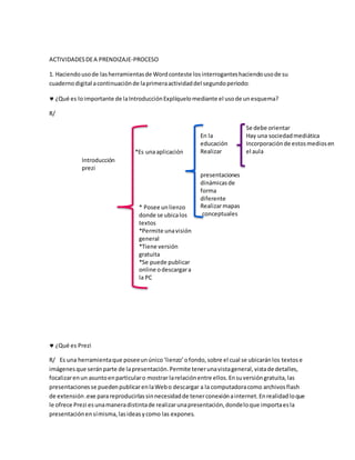 ACTIVIDADESDEA PRENDIZAJE-PROCESO
1. Haciendousode lasherramientasde Wordconteste losinterroganteshaciendousode su
cuadernodigital acontinuaciónde laprimeraactividaddel segundoperiodo:
 ¿Qué es loimportante de laIntroducciónExplíquelomediante el usode unesquema?
R/
En la
educación
Realizar
presentaciones
dinámicasde
forma
diferente
Realizarmapas
conceptuales
Se debe orientar
Hay una sociedadmediática
Incorporaciónde estosmediosen
el aula*Es unaaplicación
Introducción
prezi
* Posee unlienzo
donde se ubicalos
textos
*Permite unavisión
general
*Tiene versión
gratuita
*Se puede publicar
online odescargara
la PC
 ¿Qué es Prezi
R/ Es una herramientaque poseeunúnico‘lienzo’ofondo,sobre el cual se ubicaránlos textose
imágenesque seránparte de lapresentación.Permite tenerunavistageneral,vistade detalles,
focalizarenun asuntoenparticularo mostrar larelaciónentre ellos.Ensuversióngratuita,las
presentacionesse puedenpublicarenlaWebo descargar a la computadoracomo archivosflash
de extensión.exe parareproducirlassinnecesidadde tenerconexiónainternet.Enrealidadloque
le ofrece Prezi esunamaneradistintade realizarunapresentación,dondeloque importaesla
presentaciónensímisma,lasideasycomo las expones.
 