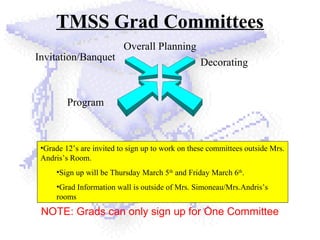 TMSS Grad Committees
Decorating
Invitation/Banquet
Program
Overall Planning
•Grade 12’s are invited to sign up to work on these committees outside Mrs.
Andris’s Room.
•Sign up will be Thursday March 5th
and Friday March 6th
.
•Grad Information wall is outside of Mrs. Simoneau/Mrs.Andris’s
rooms
NOTE: Grads can only sign up for One Committee
 
