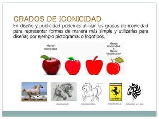 GRADOS DE ICONICIDAD
En diseño y publicidad podemos utilizar los grados de iconicidad
para representar formas de manera más simple y utilizarlas para
diseñar, por ejemplo pictogramas o logotipos.
 