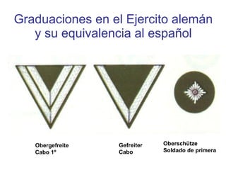 Graduaciones en el Ejercito alemán y su equivalencia al español Oberschütze  Soldado de primera   Gefreiter Cabo   Obergefreite  Cabo 1º 