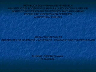 REPUBLICA BOLIVARIANA DE VENEZUELA
MINISTERIO DEL PODER POPULAR PARA LA EDUCACION SUPERIOR
INSTITUTO UNIVERSITARIO POLITECNICO SANTIAGO MARIÑO
ESCUELA DE INGENIERIA EN PETROLEO
ASIGNATURA: INGLES II
MAPA CONCEPTUALES
GRADOS DE LOS ADJETIVOS Y ADVERBIOS, COMPARATIVOS Y SUPERLATIVOS
ALUMNO: OSNERVIS NAVA
CI 14493617
 