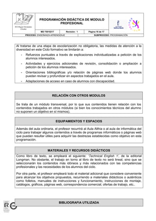 PROGRAMACIÓN DIDÁCTICA DE MODULO
PROFESIONAL
MD 75010217 Revisión: 1 Página 16 de 17
PROCESO: ENSEÑANZA-APRENDIZAJE SUBPROCESO: PROGRAMACIÓN
IES Miguel Hernández
(Ocaña)
Al tratarse de una etapa de escolarización no obligatoria, las medidas de atención a la
diversidad en este Ciclo formativo se limitarán a:
- Refuerzos puntuales a través de explicaciones individualizadas a petición de los
alumnos interesados.
- Actividades y ejercicios adicionales de revisión, consolidación o ampliación a
petición de los alumnos interesados.
- Orientaciones bibliográficas y/o relación de páginas web donde los alumnos
puedan revisar y profundizar en aspectos trabajados en el aula.
- Adaptaciones de acceso en caso de alumnos con discapacidad.
EQUIPAMIENTOS Y ESPACIOS
Además del aula ordinaria, el profesor recurrirá al Aula Althia o al aula de informática del
ciclo para trabajar algunos contenidos a través de programas informáticos o páginas web
que puedan resultar útiles para adquirir las destrezas establecidas como objetivo en esta
programación.
MATERIALES Y RECURSOS DIDÁCTICOS
Como libro de texto, se empleará el siguiente: ‘Technical English 1’, de la editorial
Longman. No obstante, el trabajo en torno al libro de texto no será lineal, sino que se
seleccionarán los contenidos más idóneos y más relacionados con las competencias
profesionales y las necesidades de los alumnos del ciclo.
Por otra parte, el profesor empleará todo el material adicional que considere conveniente
para alcanzar los objetivos propuestos, recurriendo a materiales didácticos o auténticos
como folletos, manuales de instrucciones y funcionamiento, instrucciones de montaje,
catálogos, gráficos, páginas web, correspondencia comercial, ofertas de trabajo, etc..
BIBLIOGRAFIA UTILIZADA
RELACIÓN CON OTROS MODULOS
Se trata de un módulo transversal, por lo que sus contenidos tienen relación con los
contenidos trabajados en otros módulos (si bien los conocimientos técnicos del alumno
no suponen un objetivo en sí mismos).
 