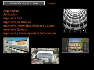 INGENIERÍA	Y	ARQUITECTURA	 7	GRADOS	
Arquitectura	
Edificación	
Ingeniería	Civil	
Ingeniería	Electrónica		
Ingeniería	Informática	(Granada	y	Ceuta)	
Ingeniería	Química	
Ingeniería	y	Tecnología	de	la	Información	
	
 