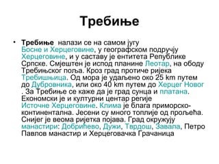Требиње
• Требиње налази се на самом југу
Босне и Херцеговине, у географском подручју
Херцеговине, и у саставу је ентитета Републике
Српске. Смјештен је испод планине Леотар, на ободу
Требињског поља. Кроз град протиче ријека
Требишњица. Од мора је удаљено око 25 km путем
до Дубровника, или око 40 km путем до Херцег Новог
. За Требиње се каже да је град сунца и платана.
Економски је и културни центар регије
Источне Херцеговине. Клима је блага приморскоконтинентална. Јесени су много топлије од прољећа.
Снијег је веома ријетка појава. Град окружују
манастири: Добрићево, Дужи, Тврдош, Завала, Петро
Павлов манастир и Херцеговачка Грачаница

 