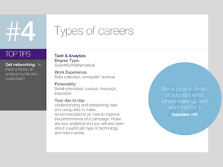#4 Types of careers
Tech & Analytics
Degree Type:
Scientific/mathematical
Work Experience:
Data collection, computer/ science
Personality:
Detail-orientated, curious, thorough,
inquisitive
Your day to day:
Understanding and interpreting data
and using data to make
recommendations on how to improve
the performance of a campaign. Roles
are very analytical and you will also learn
about a particular type of technology
and how it works.
TOP TIPS
Get networking. Is
there a friend, an
uncle or auntie who
could help?
Some people dream
of success while
others wake up and
work had for it
Napoleon Hill
 
