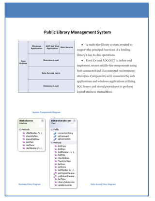 Public Library Management System  19050216144 A multi-tier library system, created to support the principal functions of a lending library’s day-to-day operations. Used C# and ADO.NET to define and implement secure middle-tier components using both connected and disconnected environment strategies. Components were consumed by web applications and windows applications utilizing SQL Server and stored procedures to perform logical business transactions. System Components Diagram1397635389255 -11796341910Business Class Diagram Data Access Class Diagram Data Entity Class Diagram ASP.Net Web Application-80010449580 Database Diagram Windows Application 