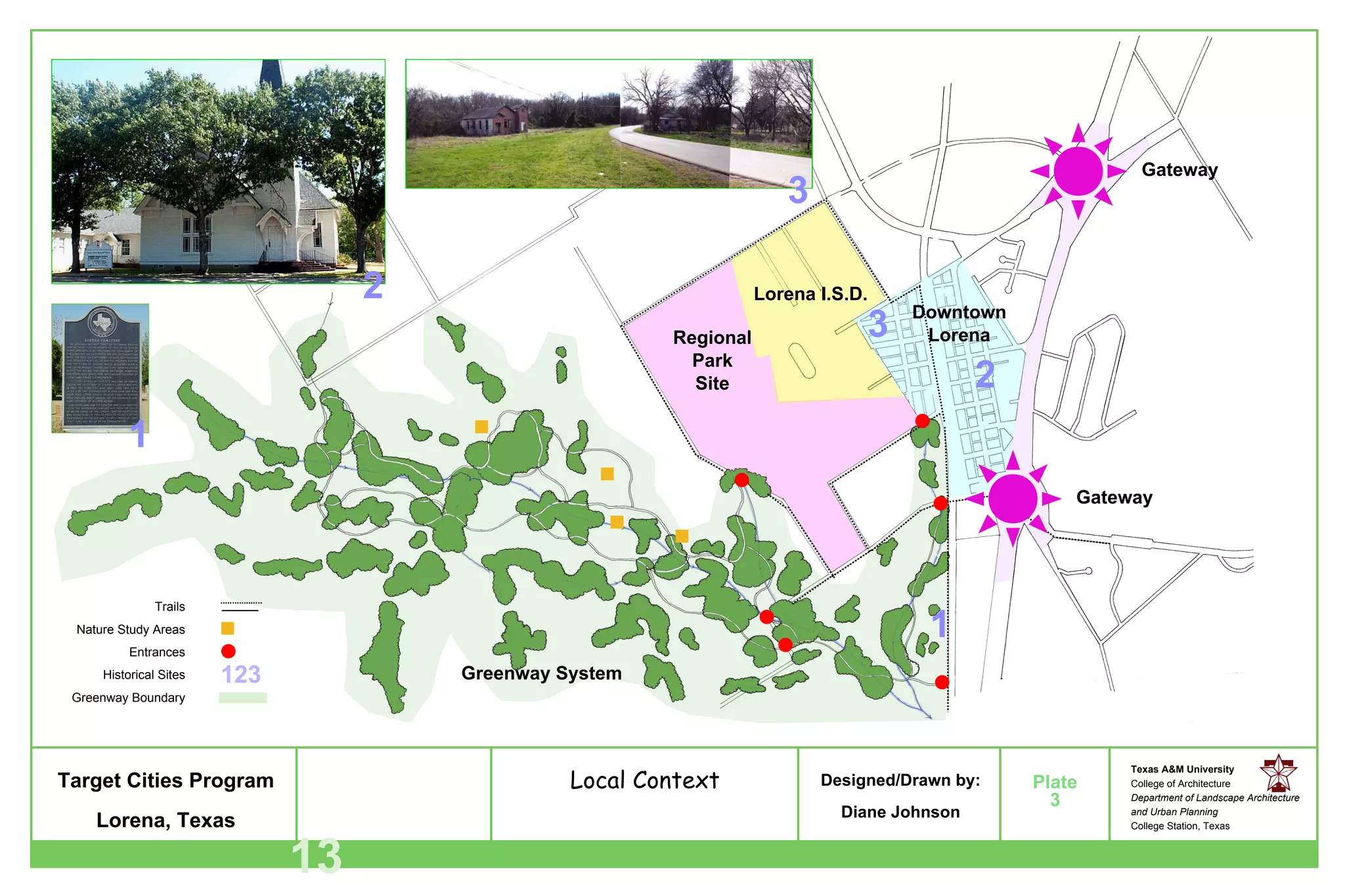 Local Context 1 3 2 3 Regional Park Site Lorena I.S.D. Downtown Lorena 1 2 3 Gateway Trails Nature Study Areas Entrances Historical Sites Greenway Boundary 123 Gateway 13 Greenway System 